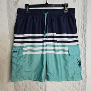 US Polo Assn Men L Cargo Line Elastic Swim Trunks Green Blue White Ponyboy